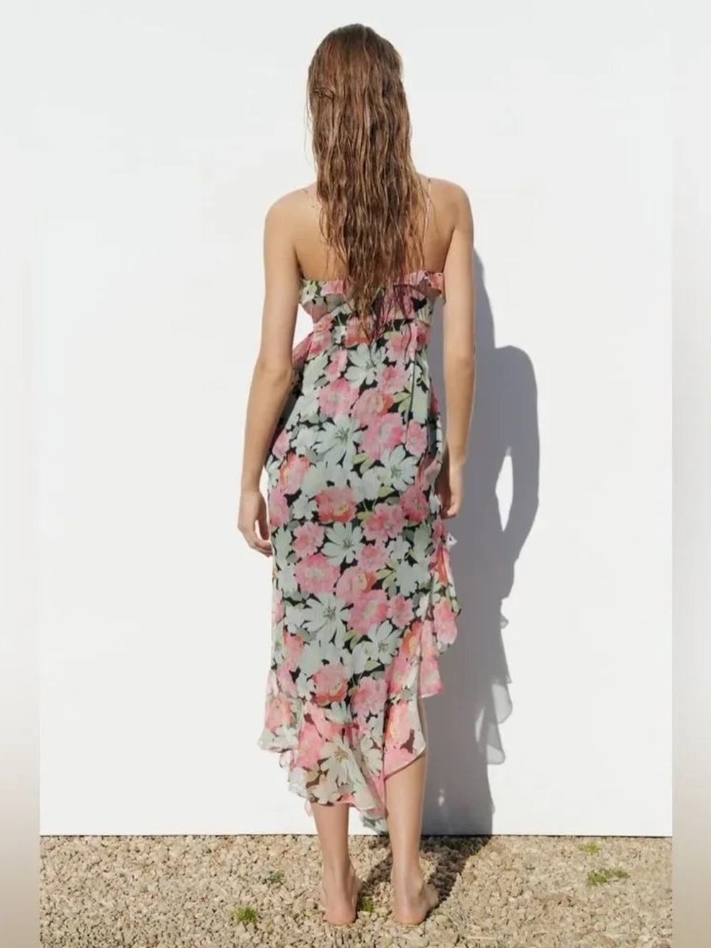 NEW ZARA Medium Floral Print Chiffon Tiered Ruffle Asymmetrical Hem Midi Dress - Picture 10 of 15